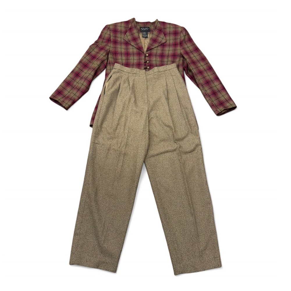 Clio - 2 Piece Suit Set - Burgundy Plaid Blazer and Beige Pants
